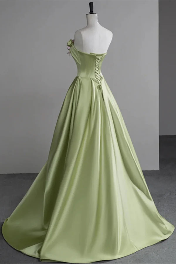 Elegant Strapless Sleeveless Floral-Appliquéd Light Green Satin Prom Dresses