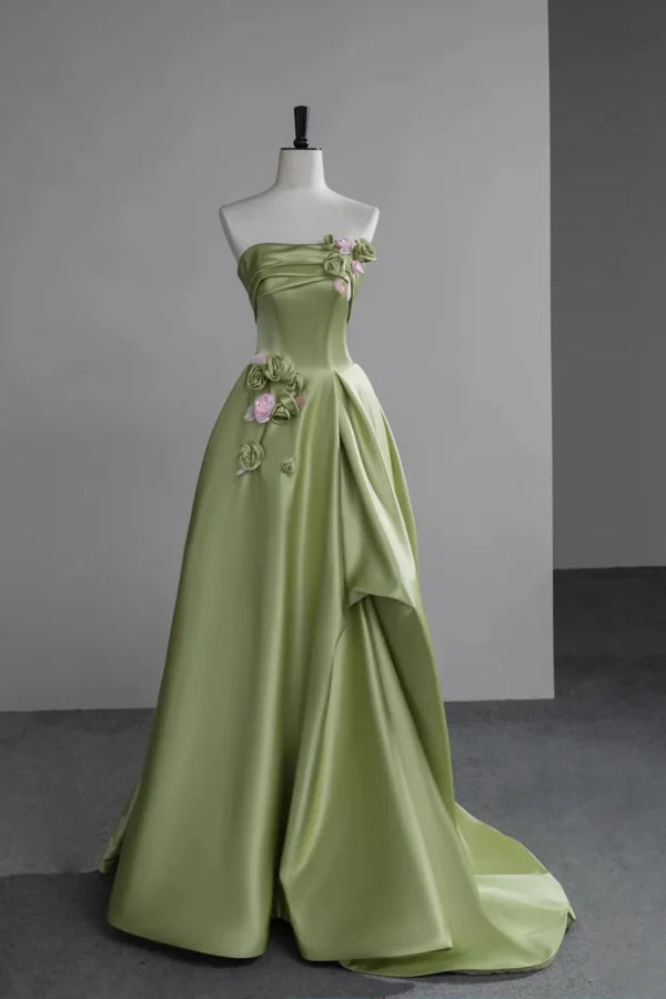Elegant Strapless Sleeveless Floral-Appliquéd Light Green Satin Prom Dresses