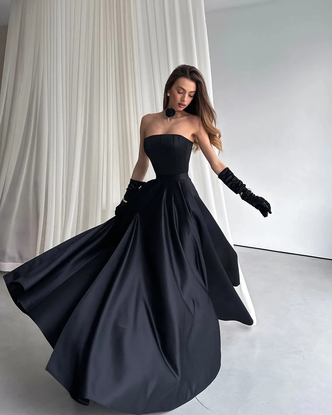 Elegant Strapless Sleeveless High Slit Black Maxi Party Dress