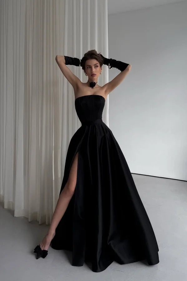 Elegant Strapless Sleeveless High Slit Black Maxi Party Dress