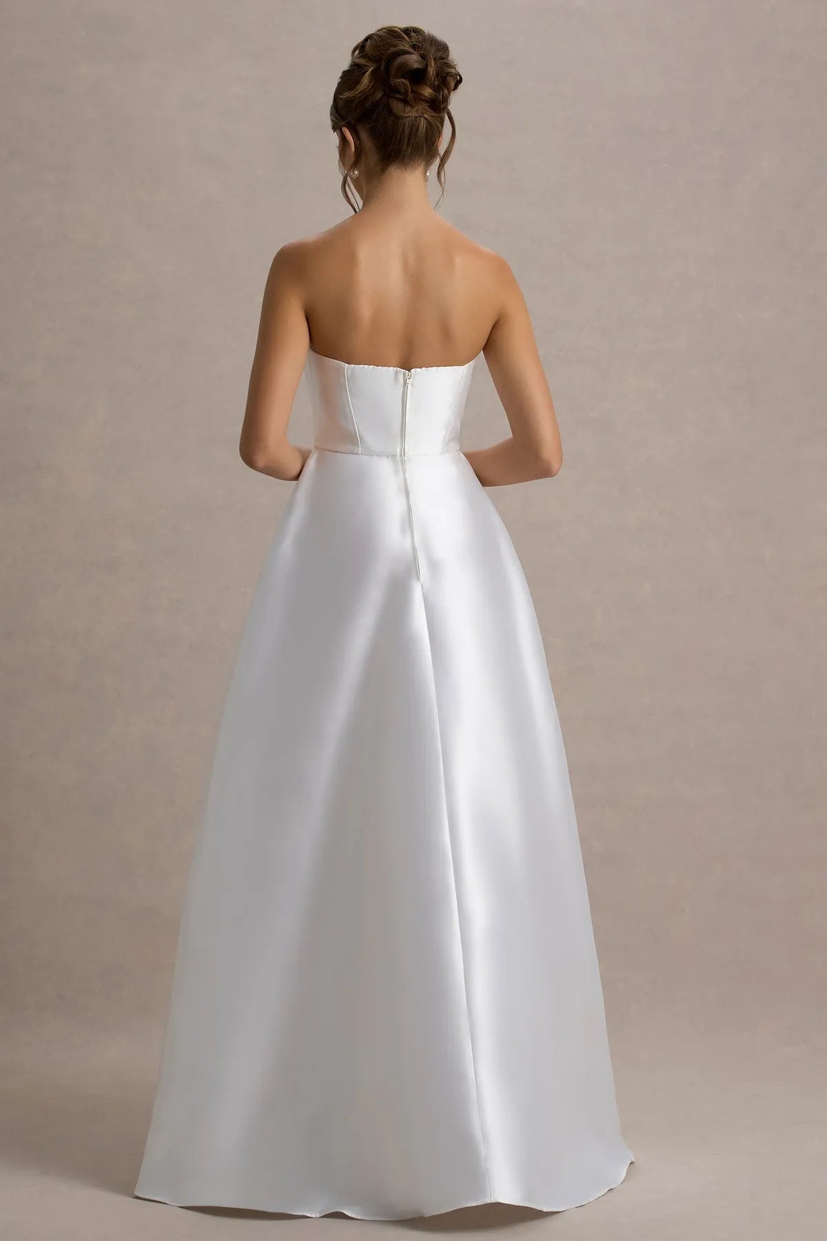 Elegant Strapless White Satin Prom Dresses with Asymmetric Draped Detail for Timeless Bridal Glamour