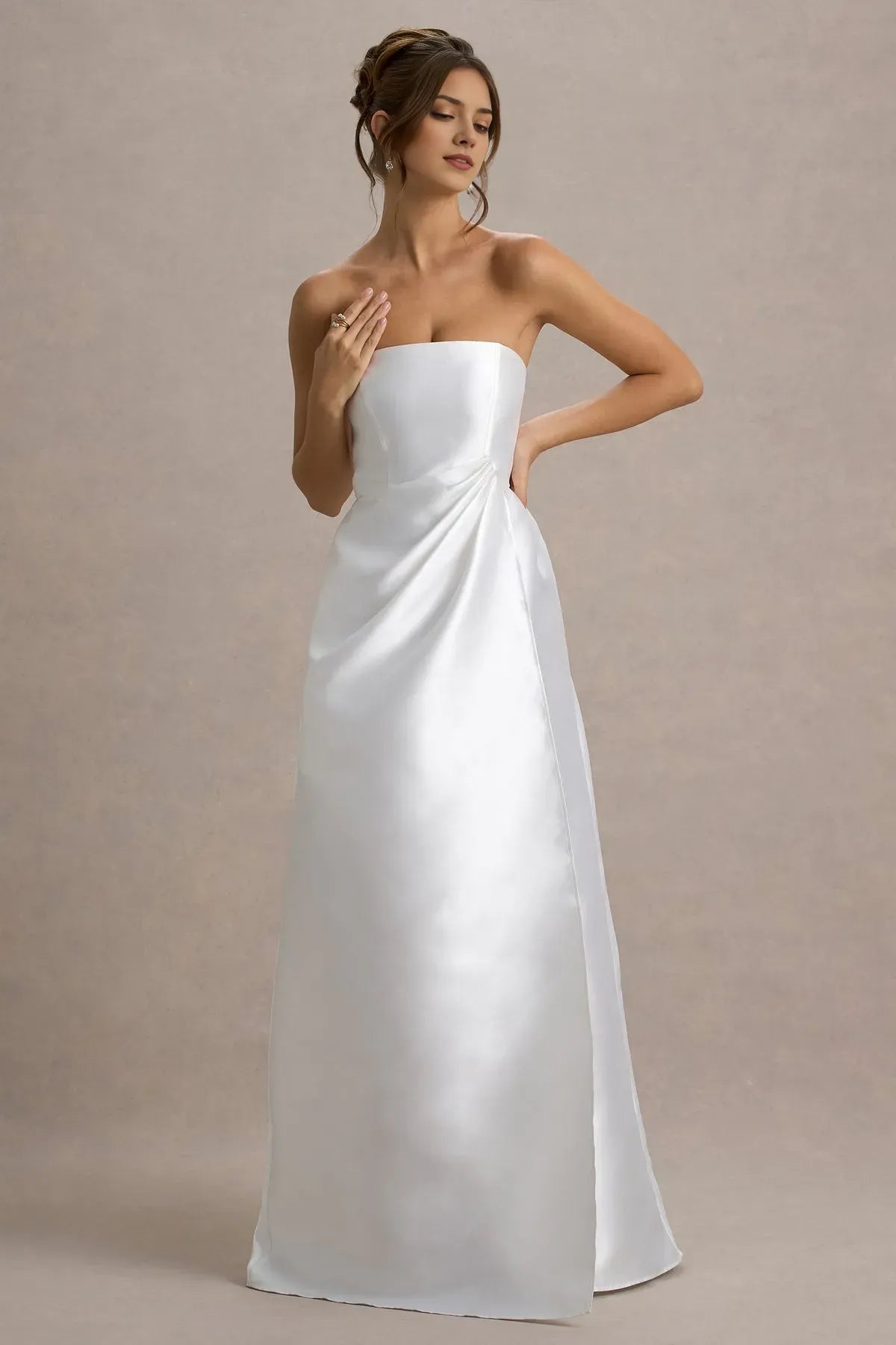 Elegant Strapless White Satin Prom Dresses with Asymmetric Draped Detail for Timeless Bridal Glamour