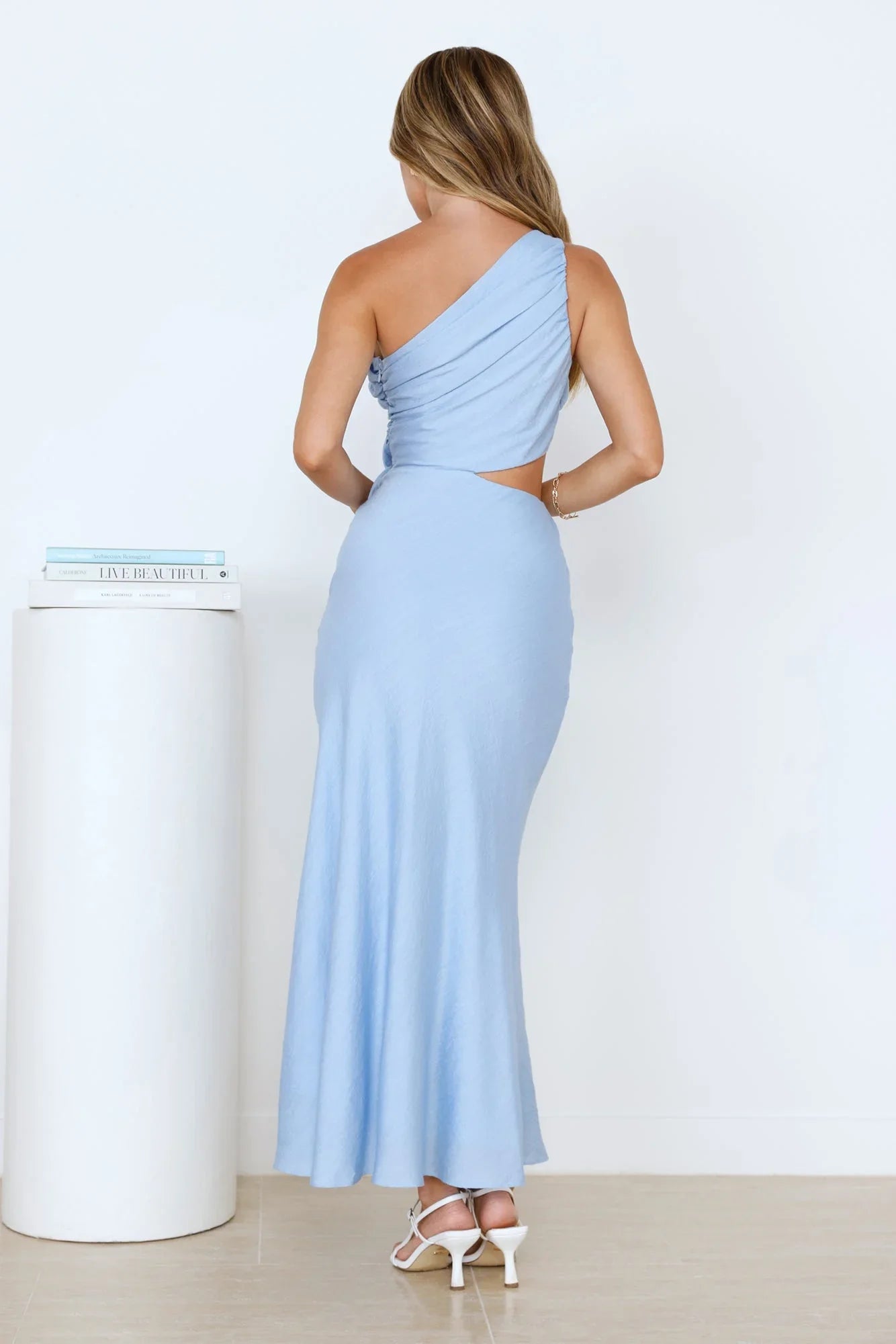 Elegant Stylish Mermaid One Shoulder 3D Flower Cutout Waist Blue Maxi Prom Dress