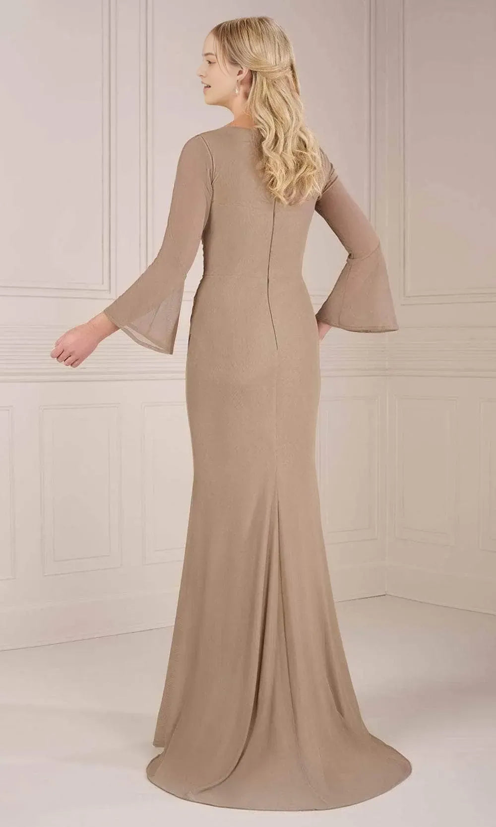 Elegant Taupe Chiffon Evening Dress with V - Neckline Bell Sleeves Draped Bodice and High Side Slit for Formal Occasions
