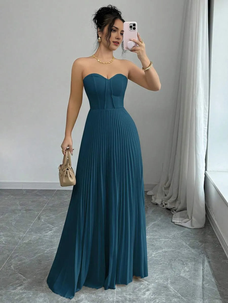 Elegant Teal Blue A-Line Strapless Sleeveless Back Zip Floor-Length Pleated Bodice Chiffon Prom Dresses