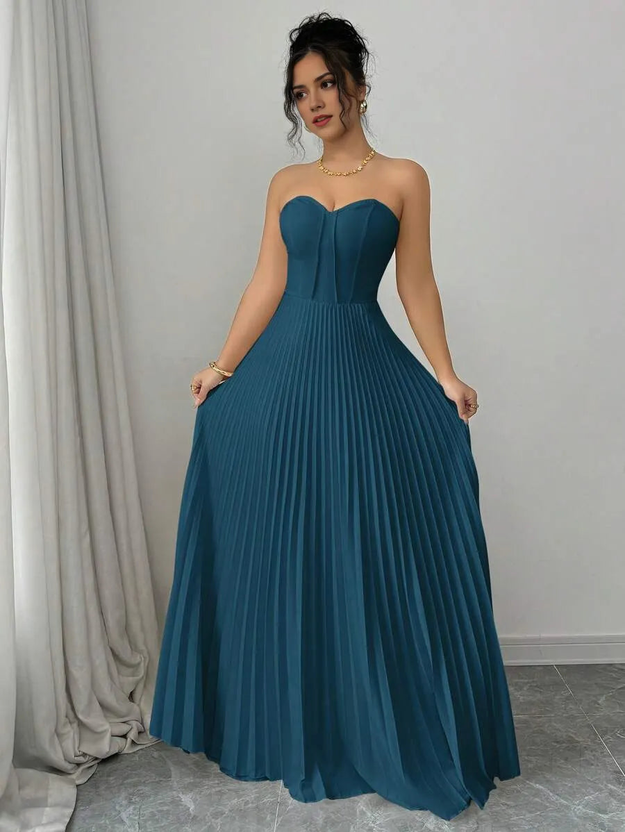 Elegant Teal Blue A-Line Strapless Sleeveless Back Zip Floor-Length Pleated Bodice Chiffon Prom Dresses