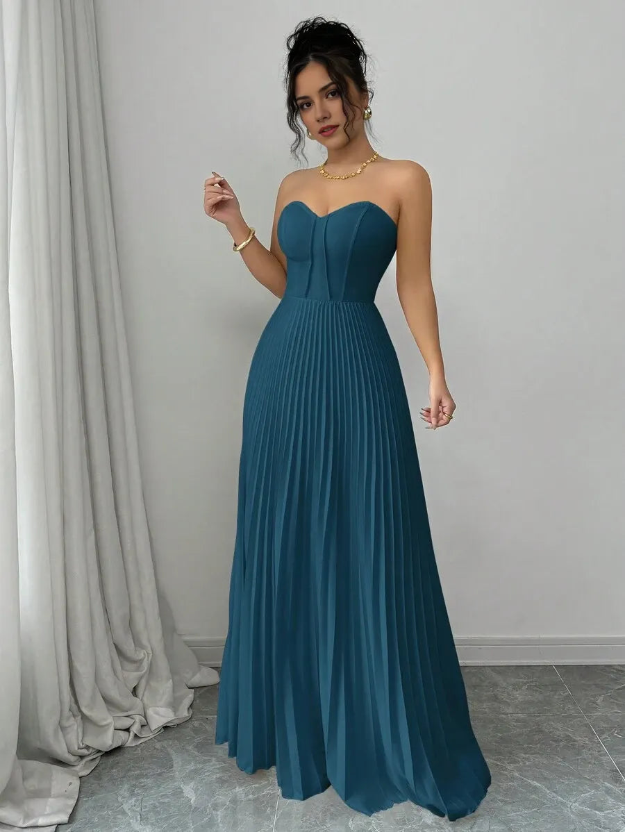 Elegant Teal Blue A-Line Strapless Sleeveless Back Zip Floor-Length Pleated Bodice Chiffon Prom Dresses