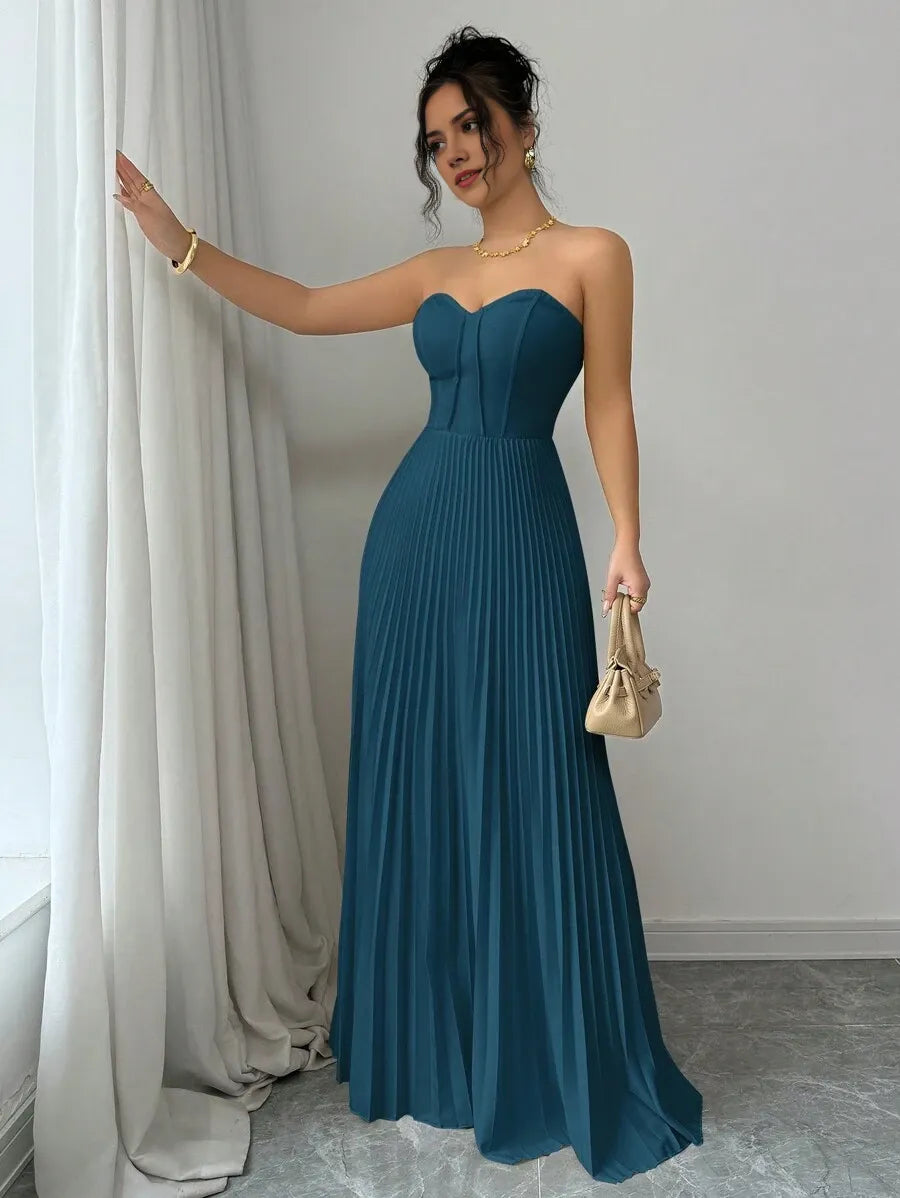 Elegant Teal Blue A-Line Strapless Sleeveless Back Zip Floor-Length Pleated Bodice Chiffon Prom Dresses