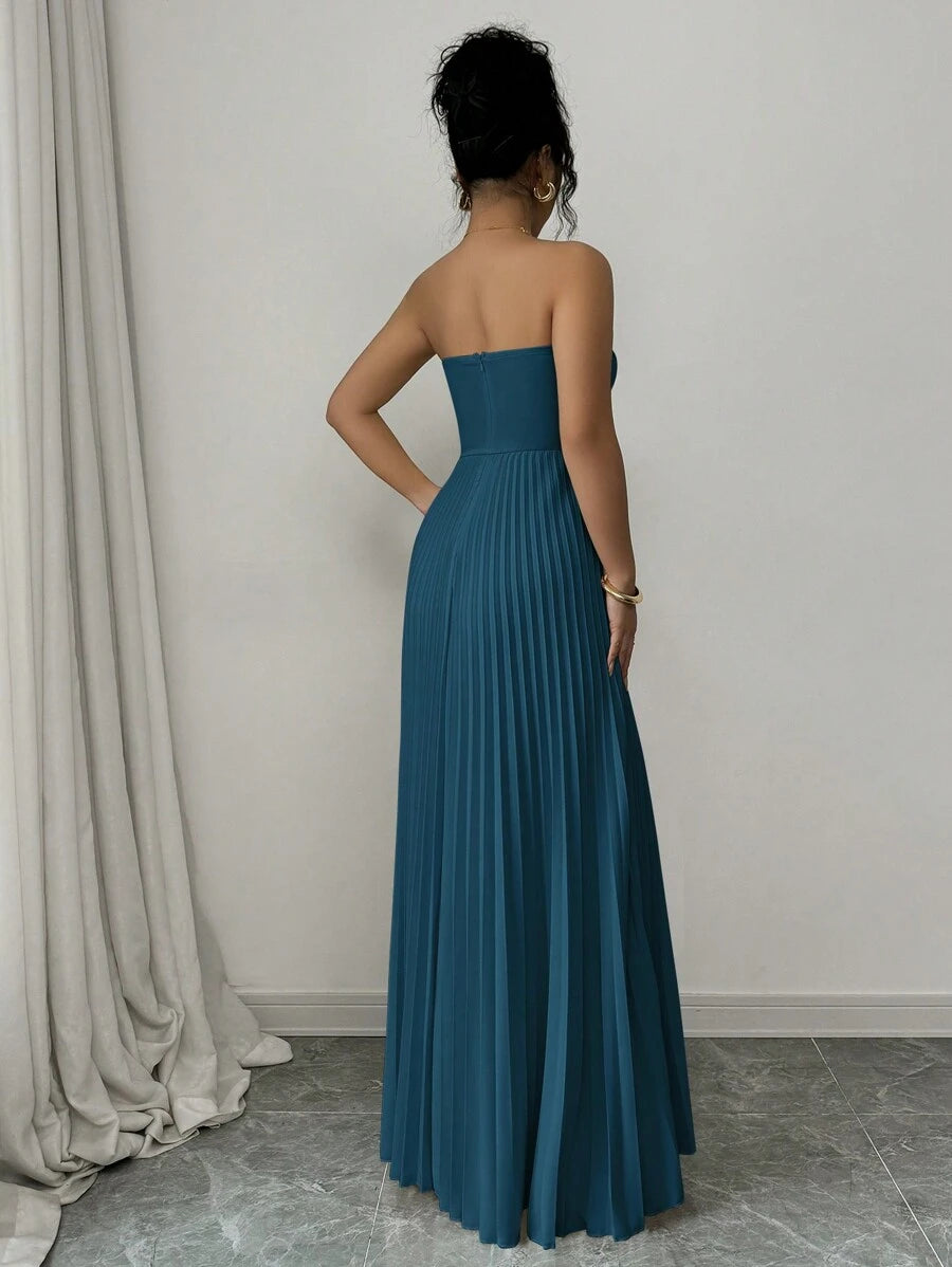 Elegant Teal Blue A-Line Strapless Sleeveless Back Zip Floor-Length Pleated Bodice Chiffon Prom Dresses