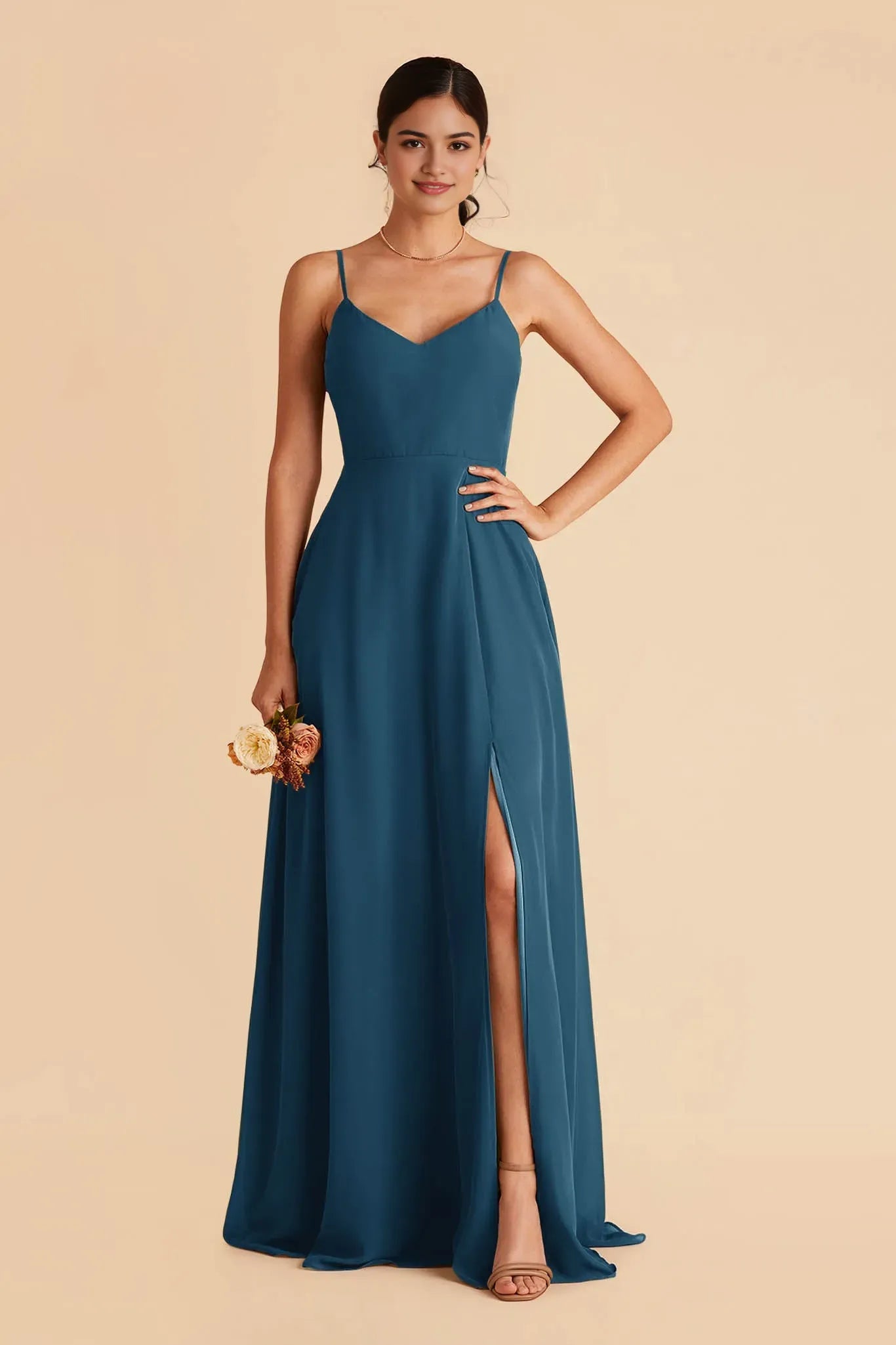 Elegant Teal Chiffon Ball Gown with Cold Shoulder Sleeves and Side Slit Perfect for Formal Galas and Prom Dresses