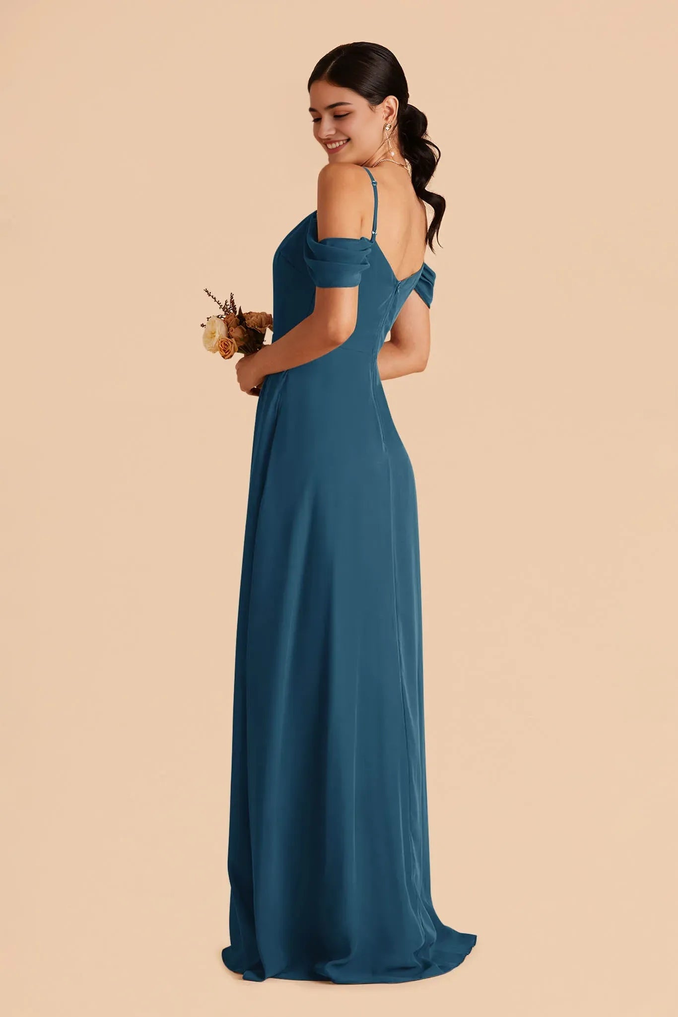 Elegant Teal Chiffon Ball Gown with Cold Shoulder Sleeves and Side Slit Perfect for Formal Galas and Prom Dresses