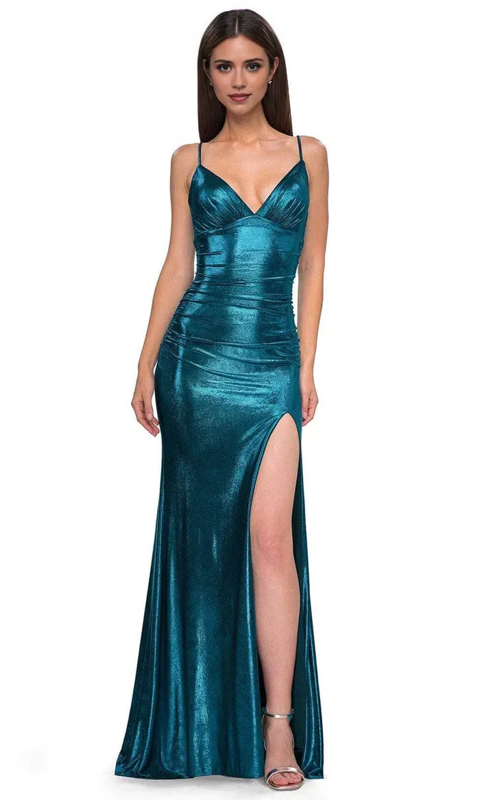 Elegant Teal Metallic Prom Dress with Spaghetti Straps Deep V Neckline Ruched Detailing and High Side Slit for Formal Occasions