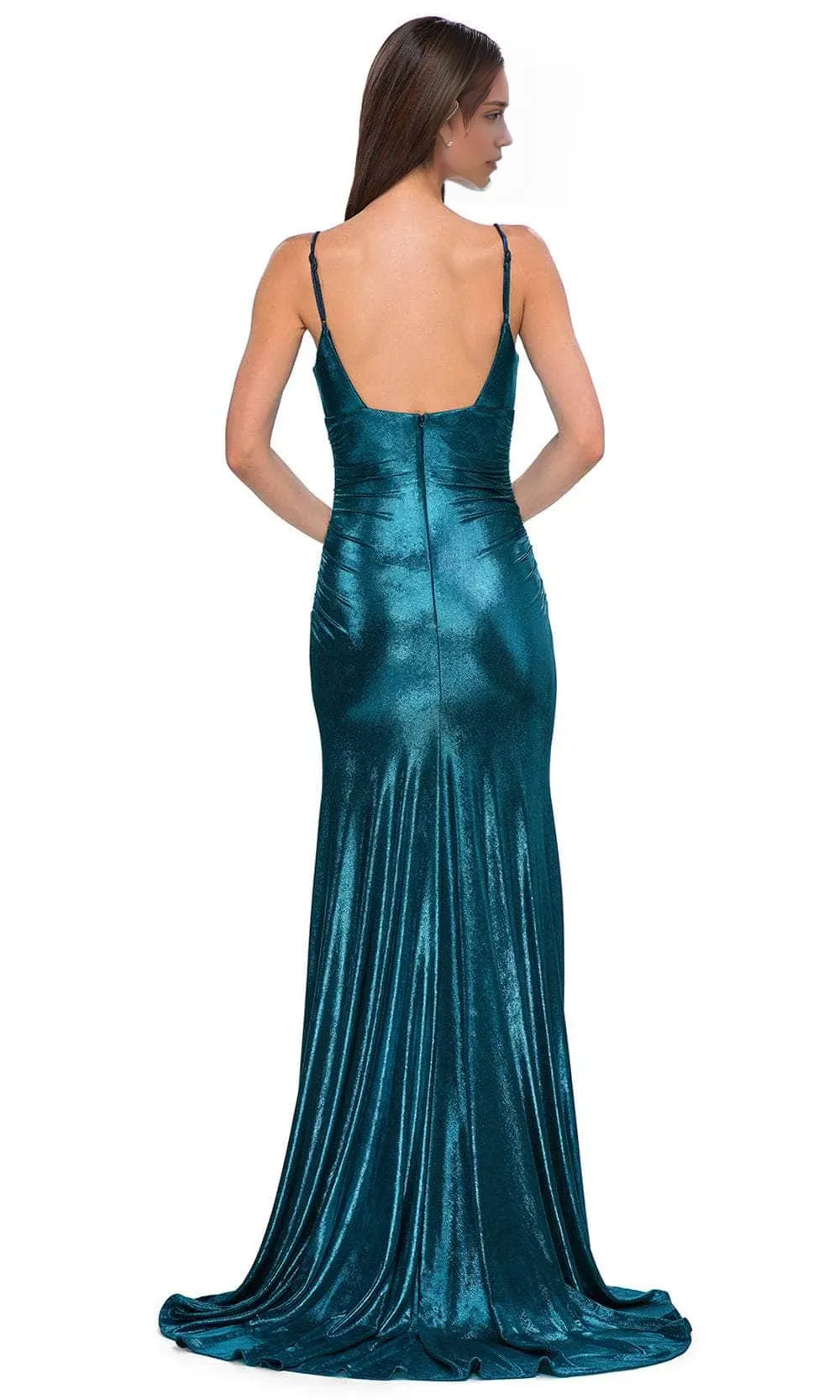 Elegant Teal Metallic Prom Dress with Spaghetti Straps Deep V Neckline Ruched Detailing and High Side Slit for Formal Occasions