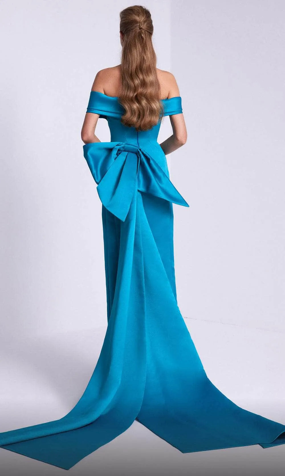 Elegant Teal Off Shoulder Satin Evening Gown with Draped Neckline and Bow Accent for Formal Occasions