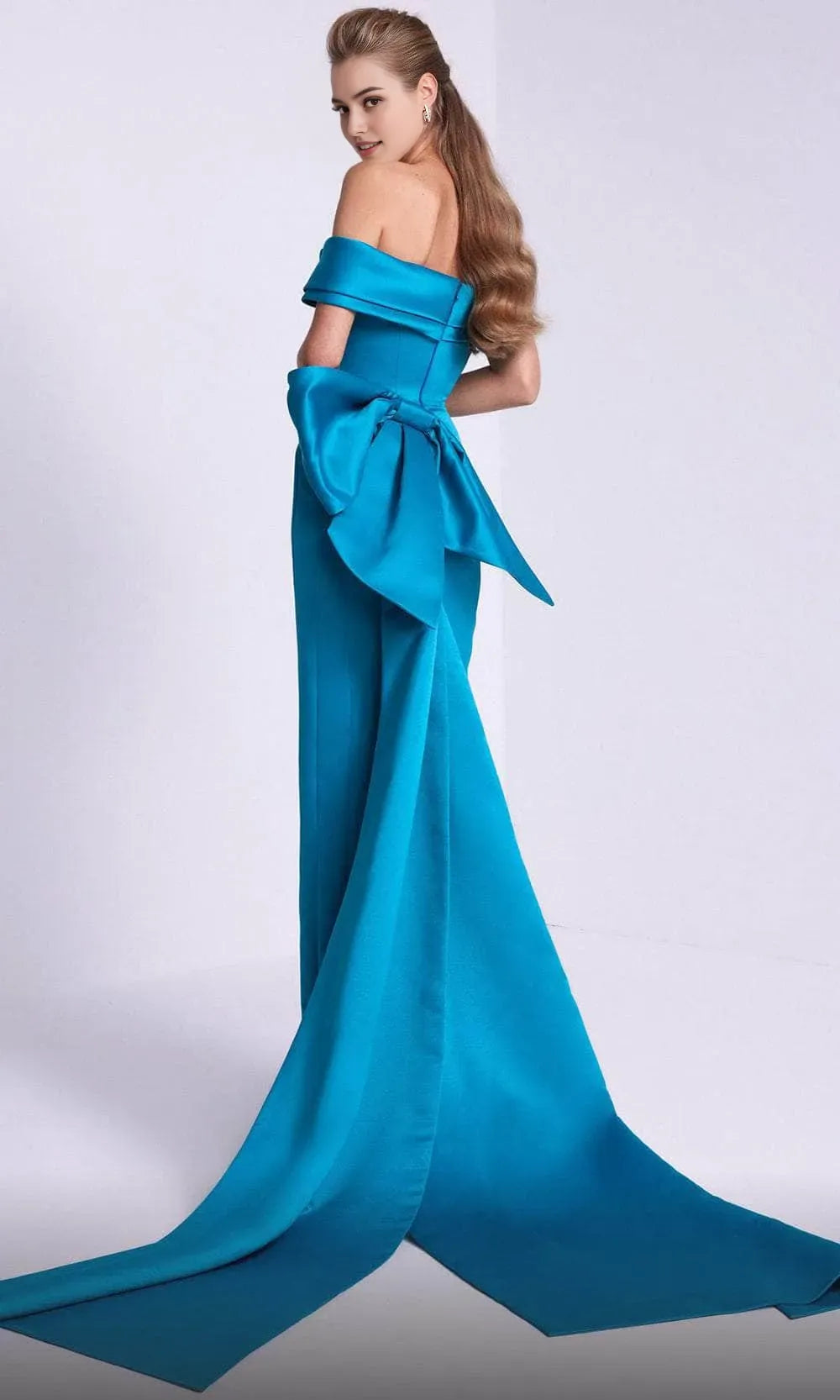 Elegant Teal Off Shoulder Satin Evening Gown with Draped Neckline and Bow Accent for Formal Occasions