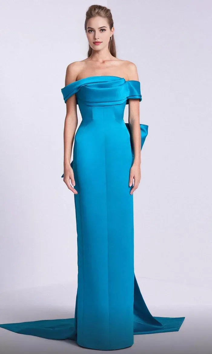 Elegant Teal Off Shoulder Satin Evening Gown with Draped Neckline and Bow Accent for Formal Occasions
