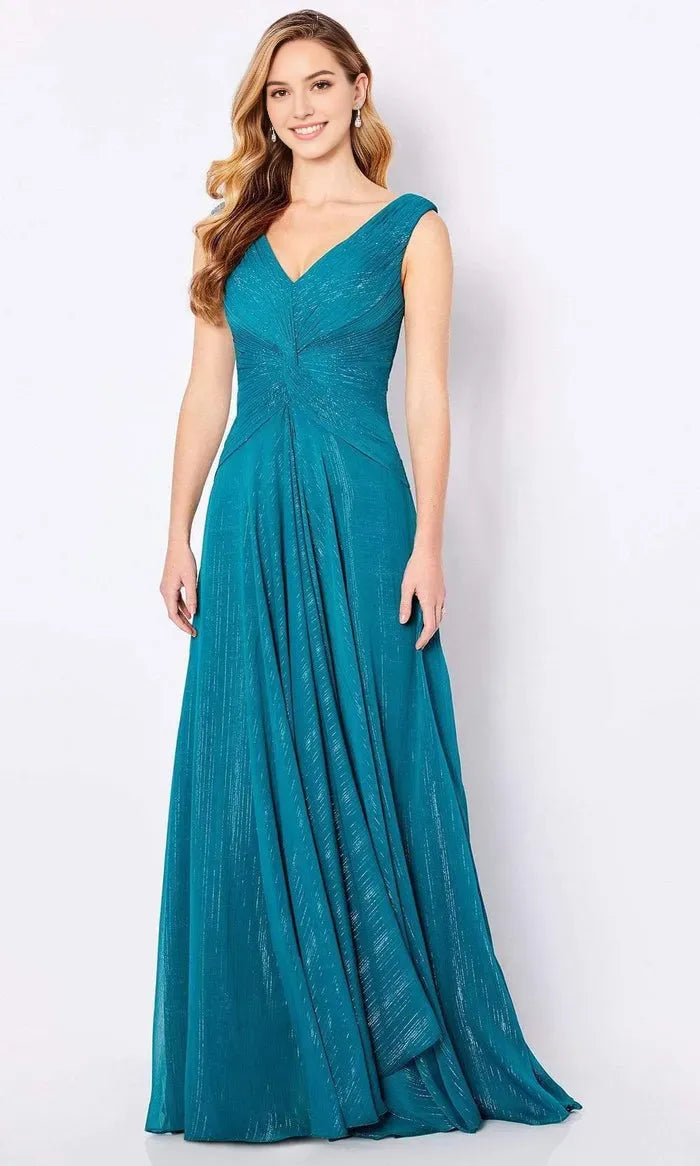 Elegant Teal Shimmering Evening Gown with Deep V - Neckline Pleated Bodice and Flowing A  Line Skirt for Formal Galas and Special Occasions