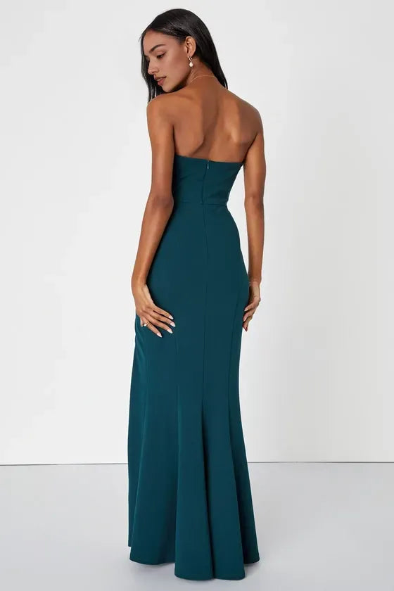Elegant Teal Strapless Prom Dress with Side Slit and Draped Bodice Perfect for Formal Occasions