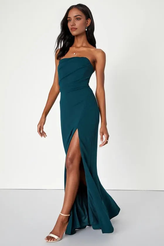 Elegant Teal Strapless Prom Dress with Side Slit and Draped Bodice Perfect for Formal Occasions