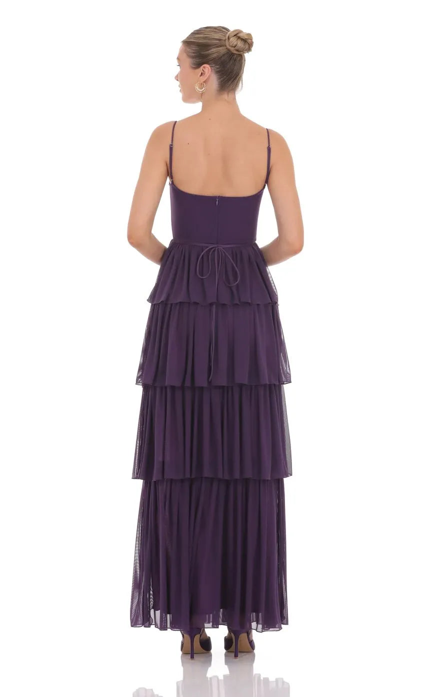 Elegant Tiered Purple Chiffon Prom Dress with Spaghetti Straps Sweetheart Neckline High Side Slit Formal Evening Gown for Special Occasions