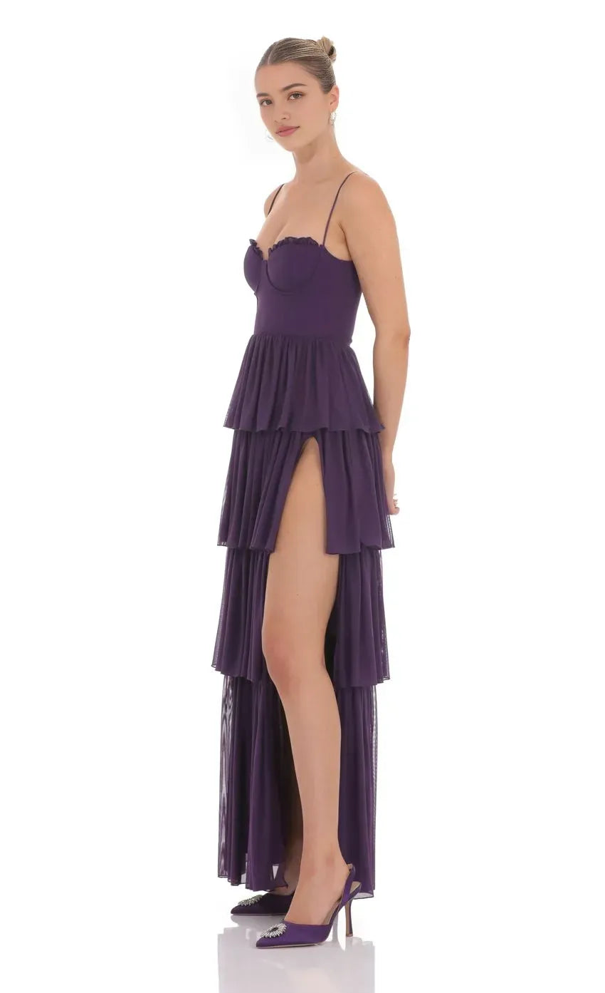 Elegant Tiered Purple Chiffon Prom Dress with Spaghetti Straps Sweetheart Neckline High Side Slit Formal Evening Gown for Special Occasions