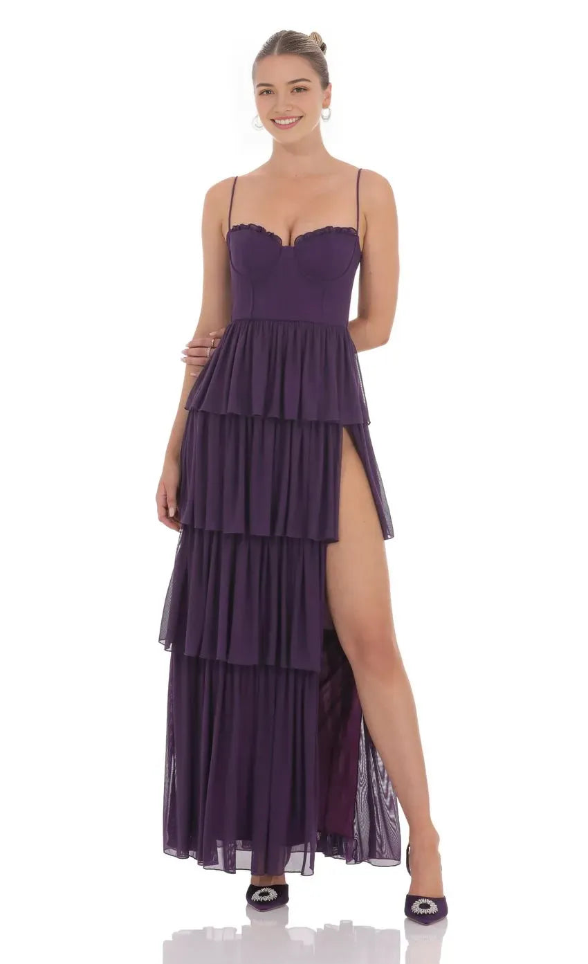 Elegant Tiered Purple Chiffon Prom Dress with Spaghetti Straps Sweetheart Neckline High Side Slit Formal Evening Gown for Special Occasions