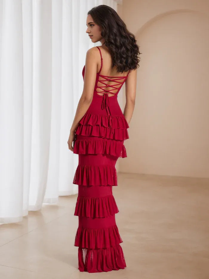 Elegant Tiered Red Prom Gown Mermaid Silhouette Spaghetti Straps