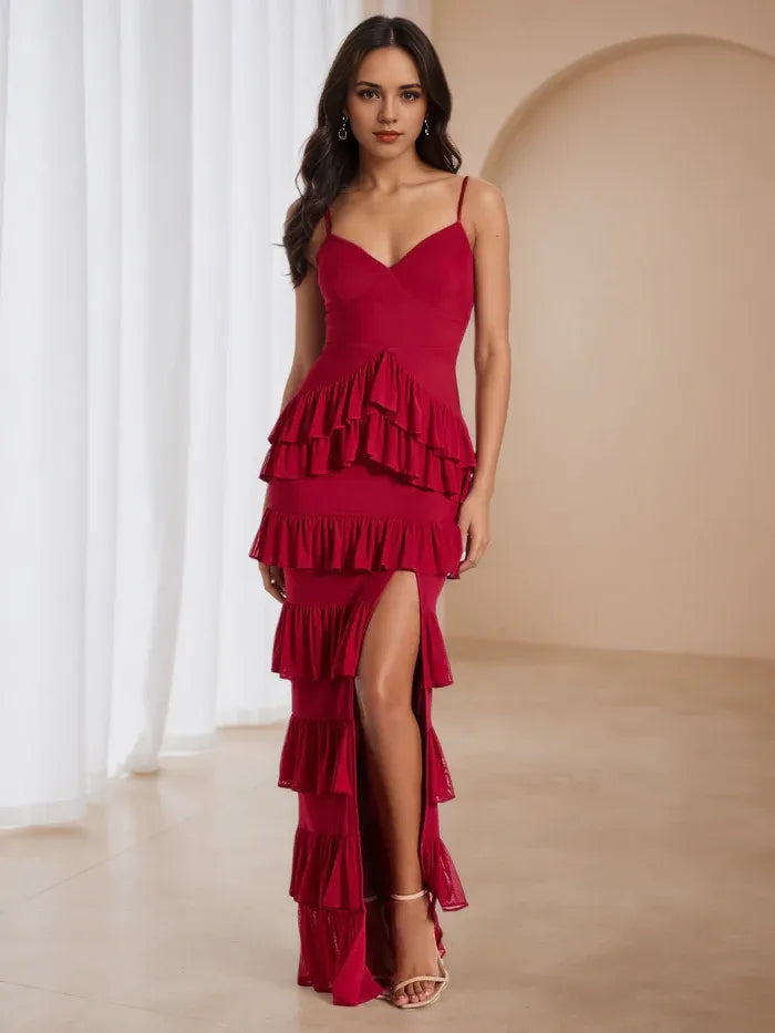 Elegant Tiered Red Prom Gown Mermaid Silhouette Spaghetti Straps