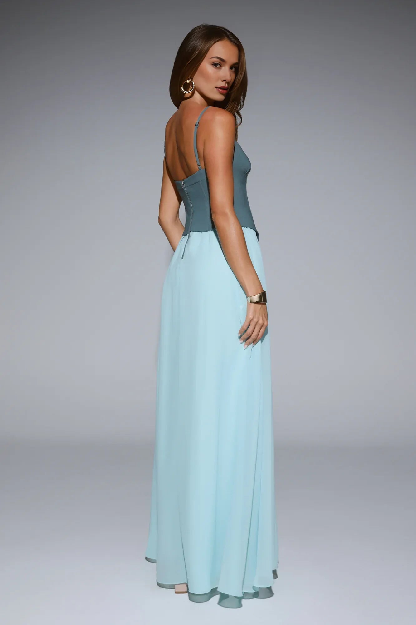 Elegant Two Tone Spaghetti Straps Corset Teal Maxi Prom Dress For Women For Sale