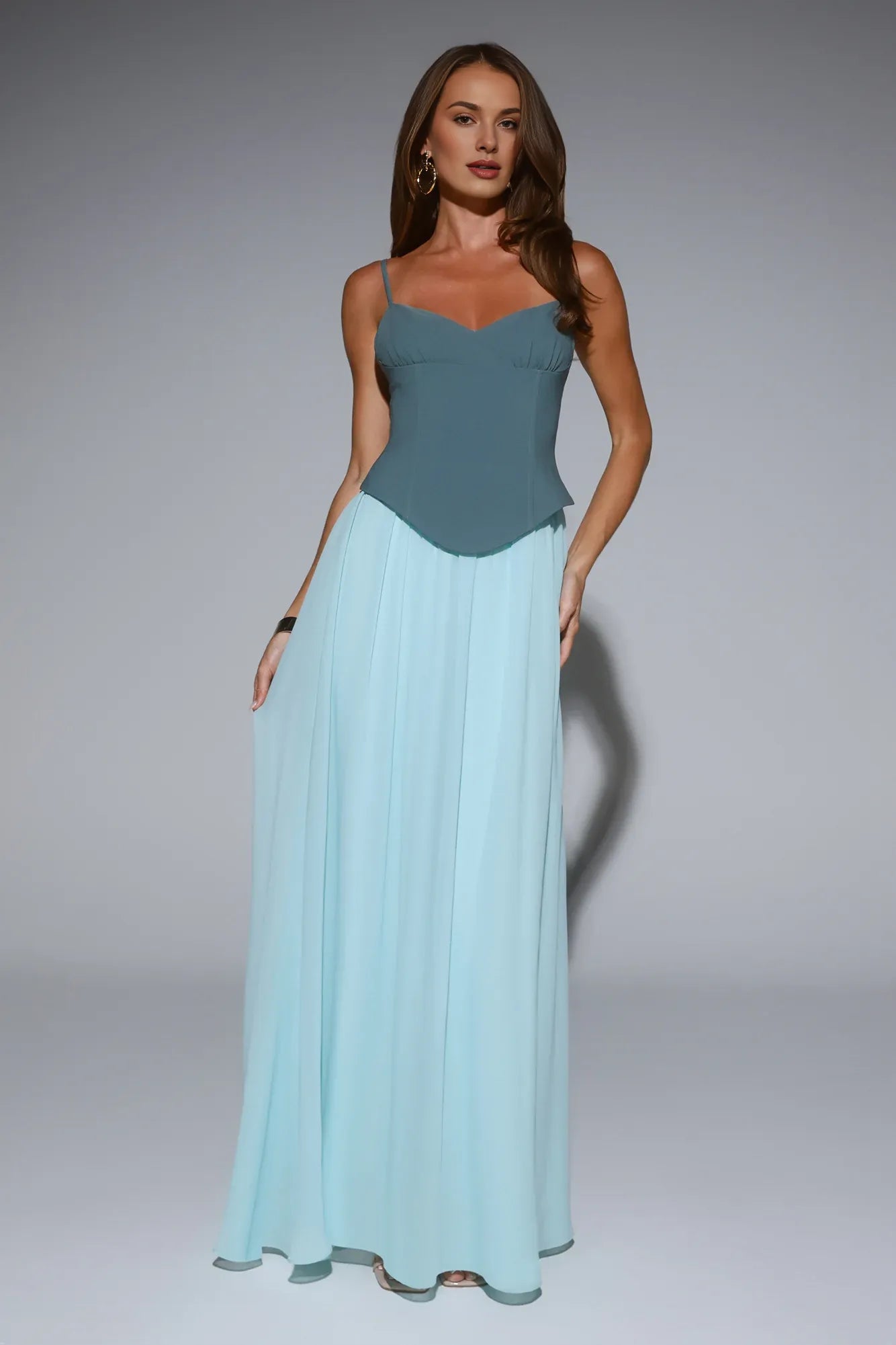 Elegant Two Tone Spaghetti Straps Corset Teal Maxi Prom Dress For Women For Sale