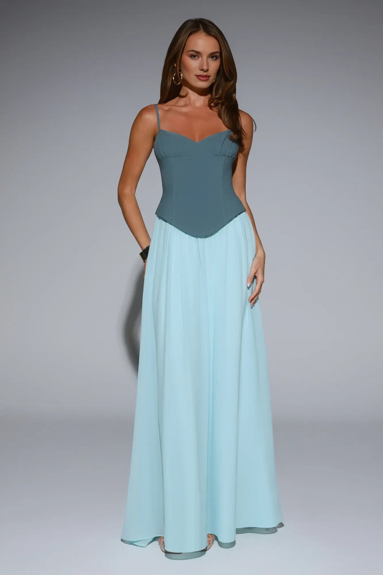 Elegant Two Tone Spaghetti Straps Corset Teal Maxi Prom Dress For Women For Sale