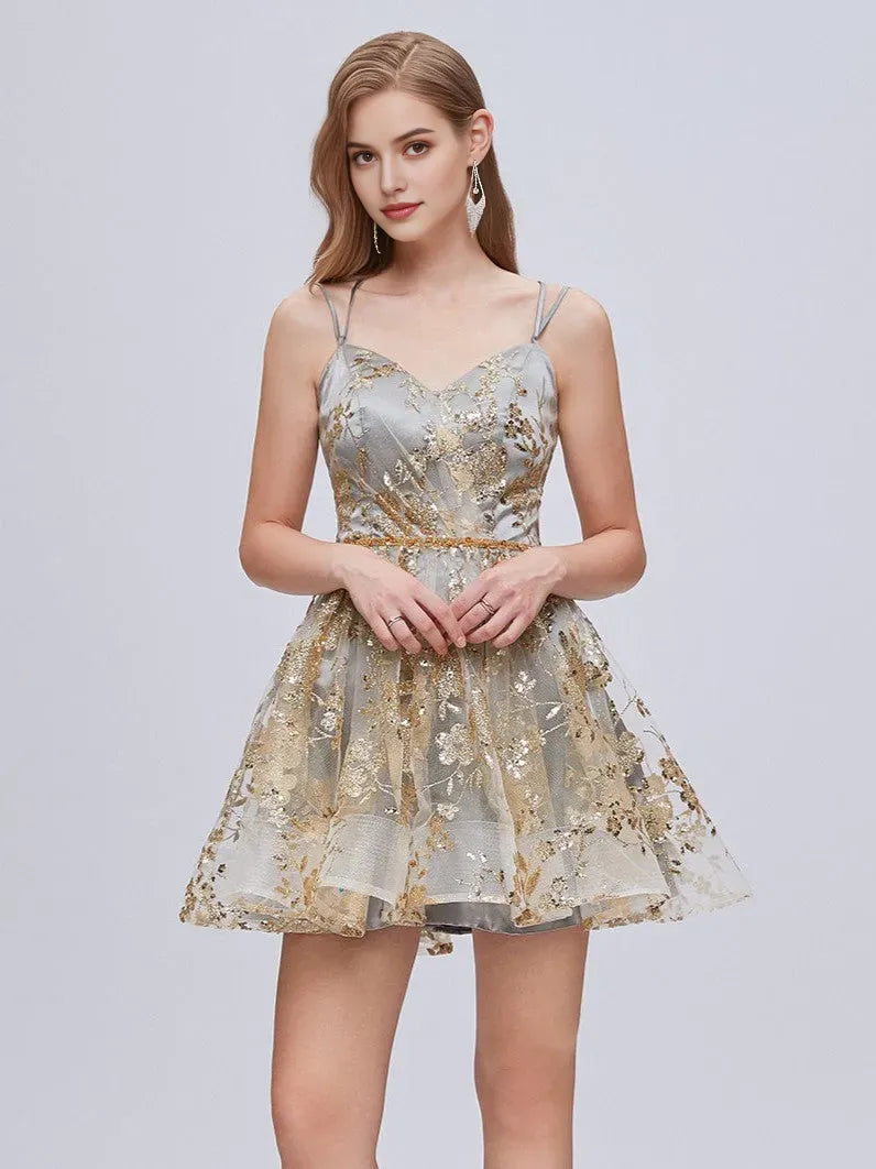 Elegant V Neck Spaghetti Strap A Line Backless Homecoming Dresses