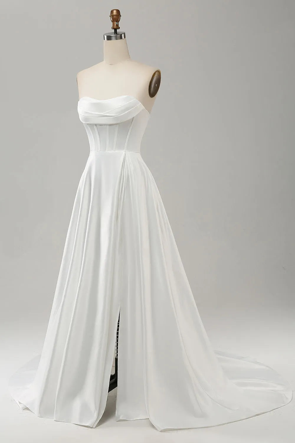 Elegant White A Line Strapless Pleated Sweep Train Bridal Dress