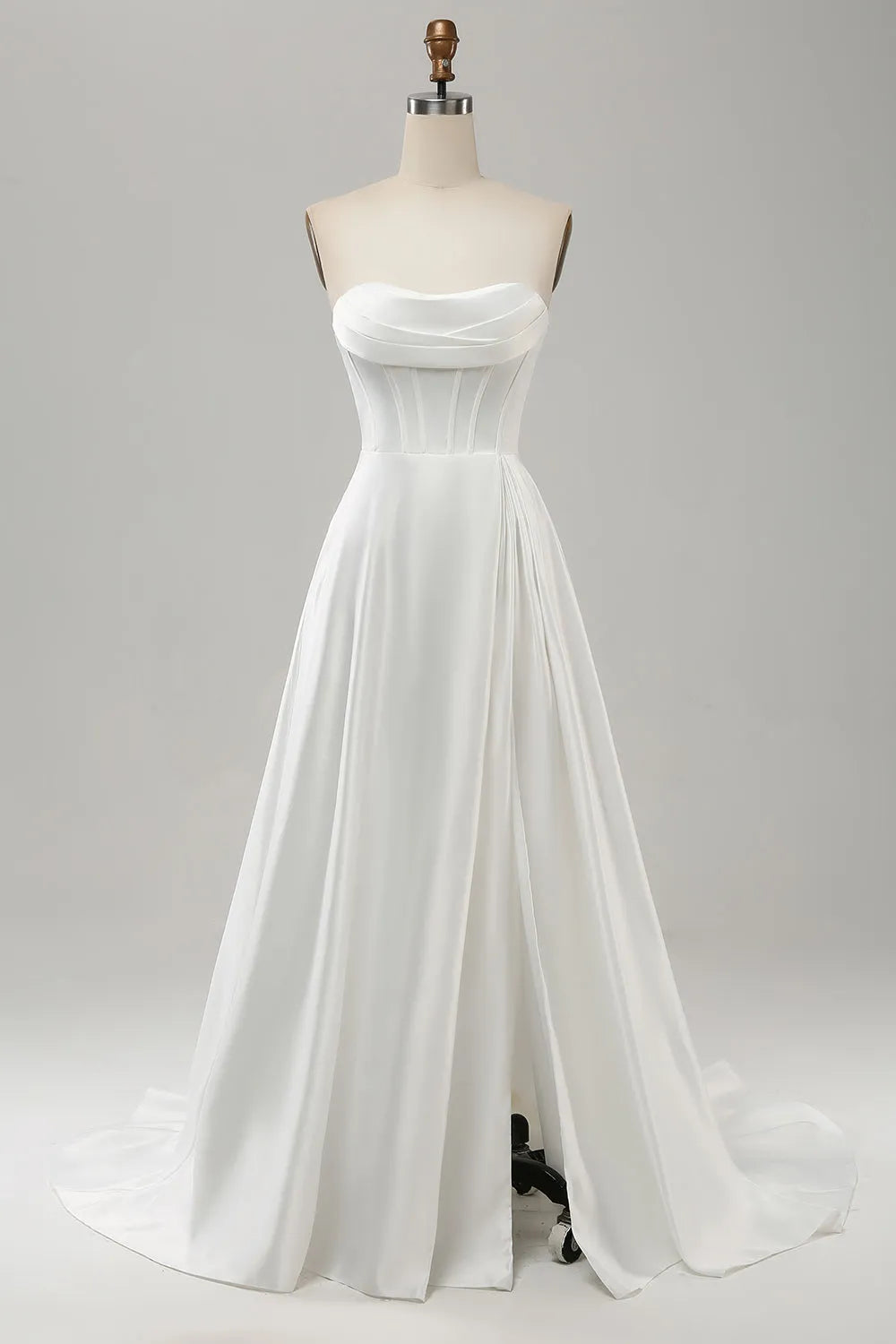 Elegant White A Line Strapless Pleated Sweep Train Wedding Dress With Slit ﻿