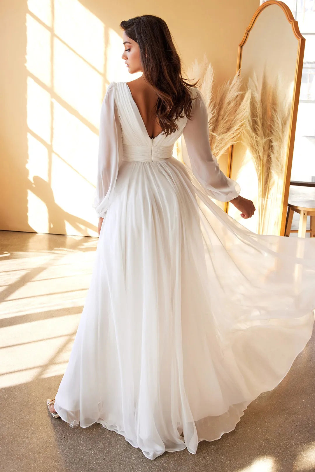 Elegant White Chiffon Prom Dress with Deep V Neck Sheer Puff Sleeves and Ruched Waist Detail for Timeless Glamour