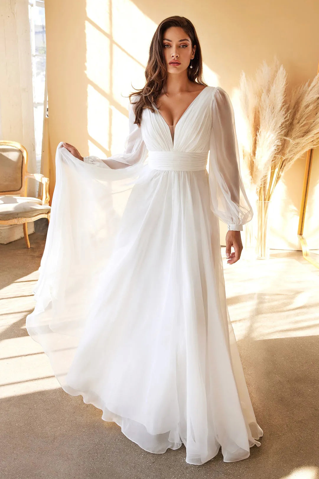 Elegant White Chiffon Prom Dress with Deep V Neck Sheer Puff Sleeves and Ruched Waist Detail for Timeless Glamour