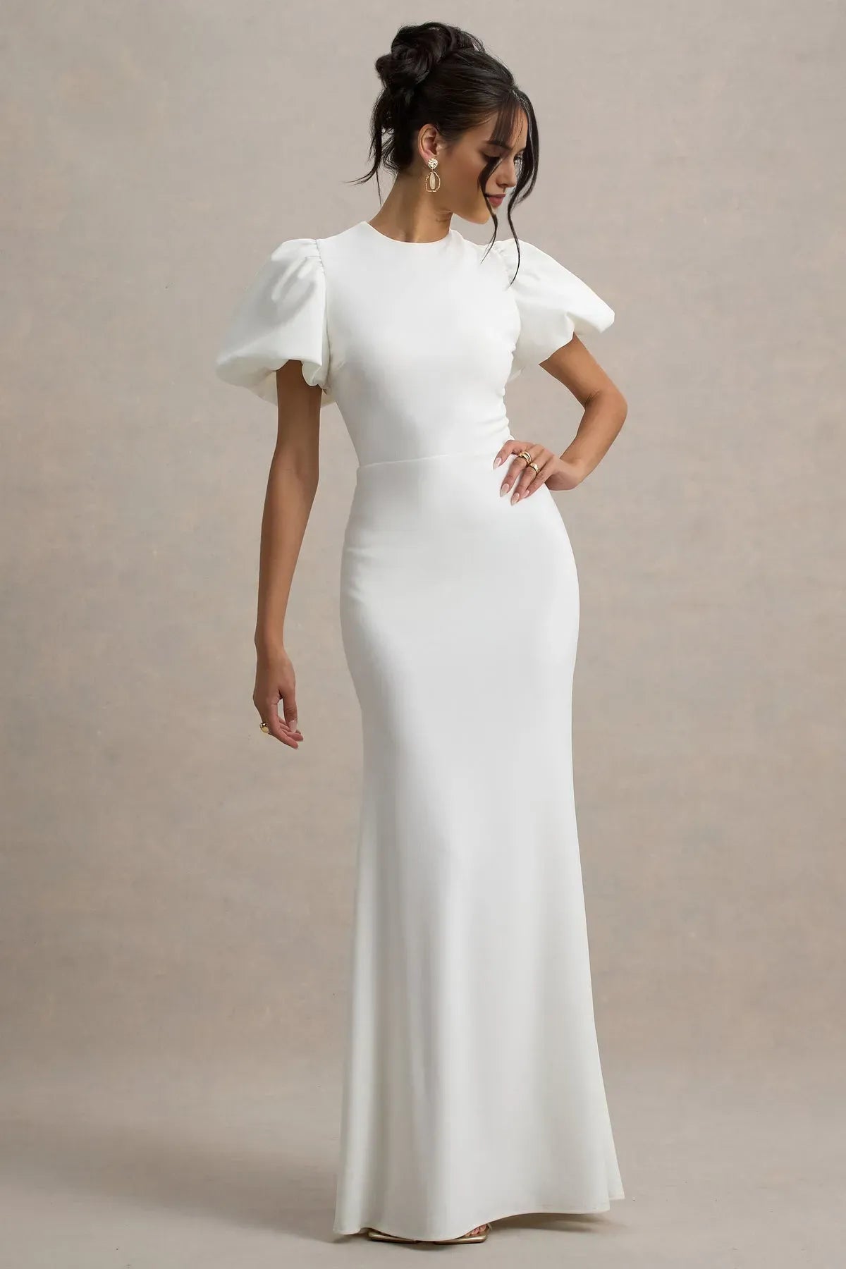 Elegant White Mermaid - Style Prom Dress with Puff Sleeves and High Neckline for Timeless Glamour