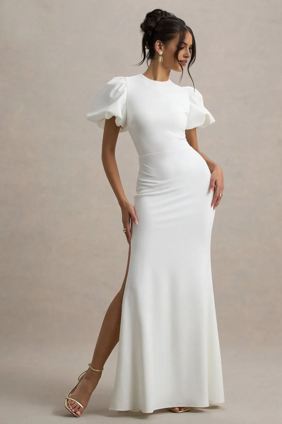 Elegant White Mermaid - Style Prom Dress with Puff Sleeves and High Neckline for Timeless Glamour