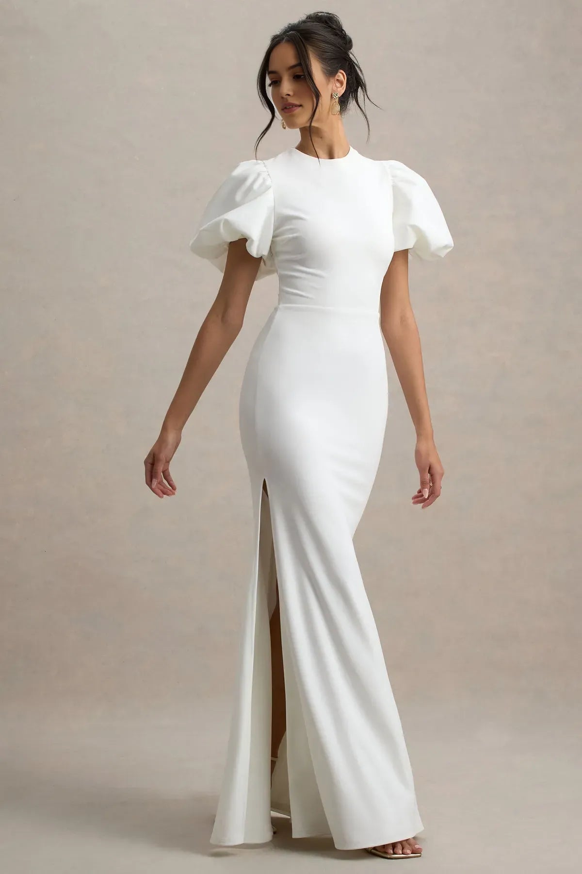 Elegant White Mermaid - Style Prom Dress with Puff Sleeves and High Neckline for Timeless Glamour