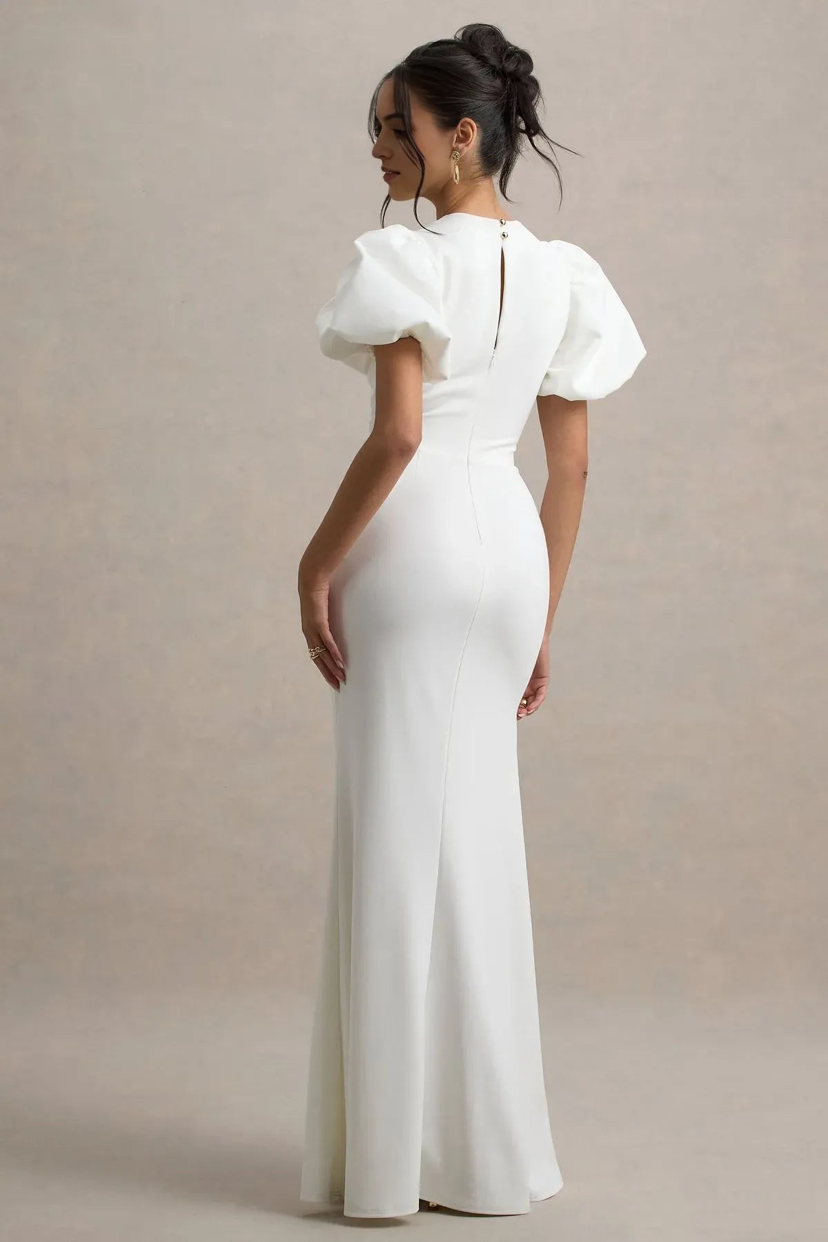 Elegant White Mermaid - Style Prom Dress with Puff Sleeves and High Neckline for Timeless Glamour