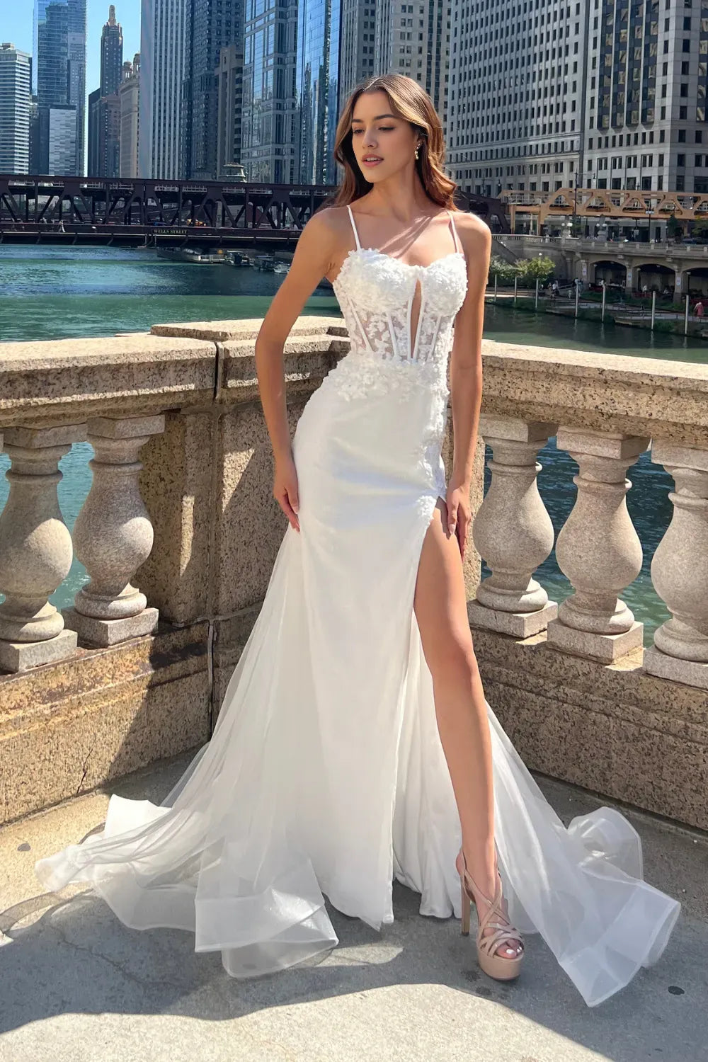Elegant White Mermaid Prom Dress with Spaghetti Straps Floral Lace Bodice Sheer Tulle Overlay and High Side Slit for Formal Occasions