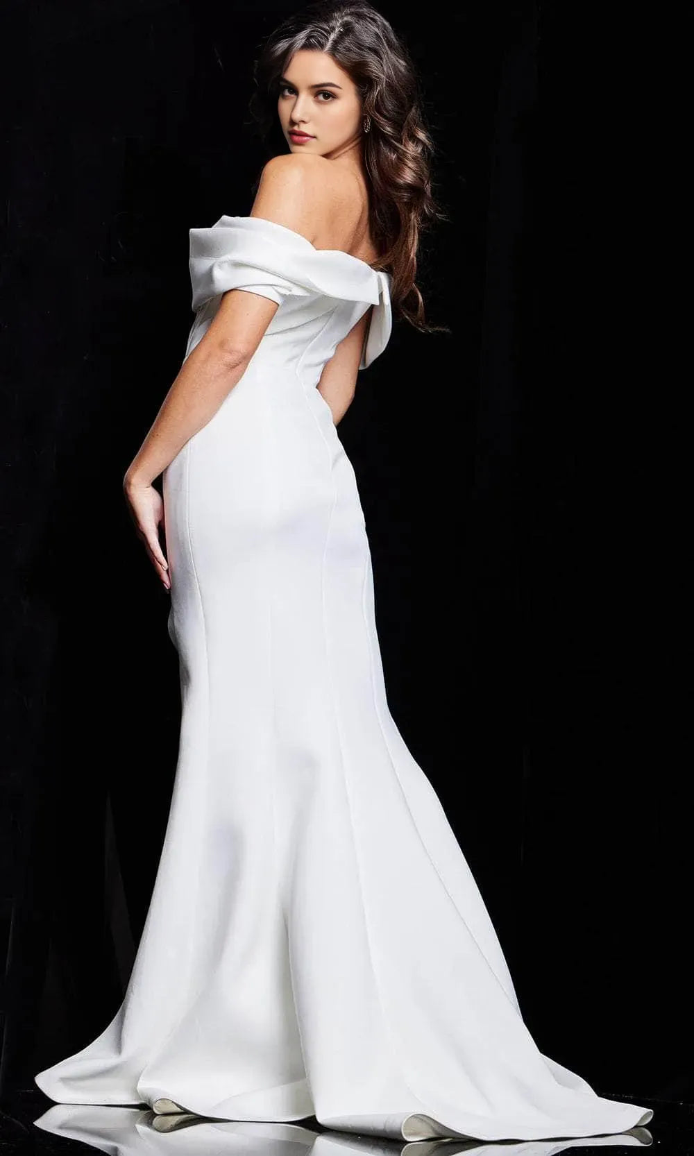 Elegant White Off Shoulder Evening Dress with Pleated Bodice Draped Neckline and High Side Slit for Formal Occasions