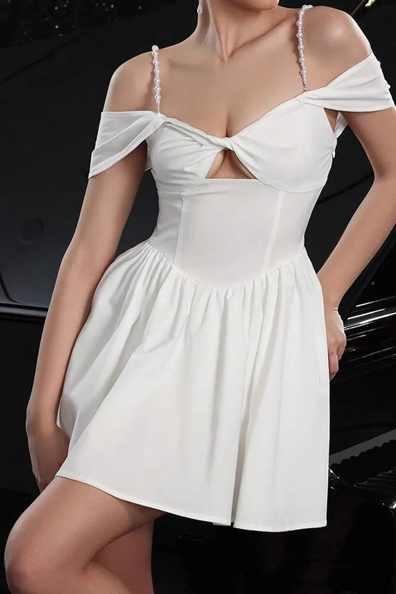 Elegant White Pearl - Strap Off - Shoulder Homecoming Dress with Cut - Out Detail