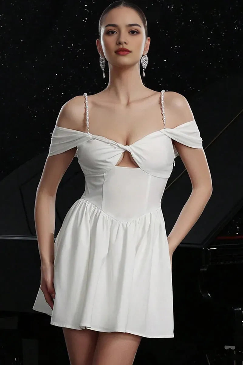 Elegant White Pearl - Strap Off - Shoulder Homecoming Dress with Cut - Out Detail