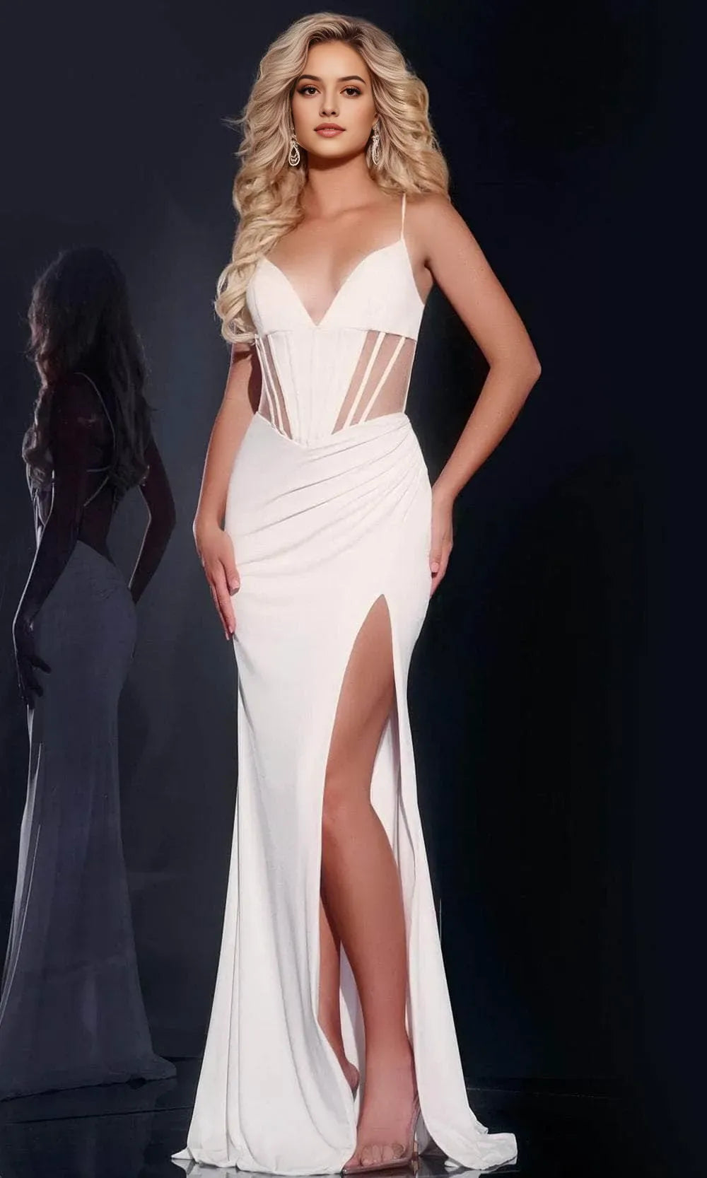 Elegant White Prom Dresses with Sheer Mesh Corset Bodice Draped Skirt and High Side Slit Crafted from Luxe Jersey Fabric for Formal Occasions