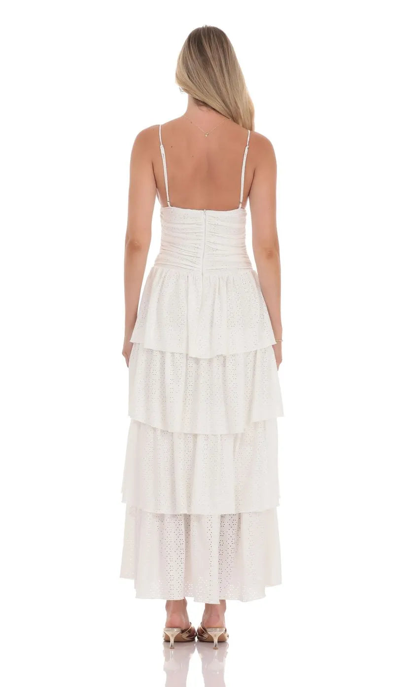 Elegant White Prom Dress with Spaghetti Straps Plunging V  Neck and Tiered Eyelet Skirt Perfect for Romantic Prom Nights