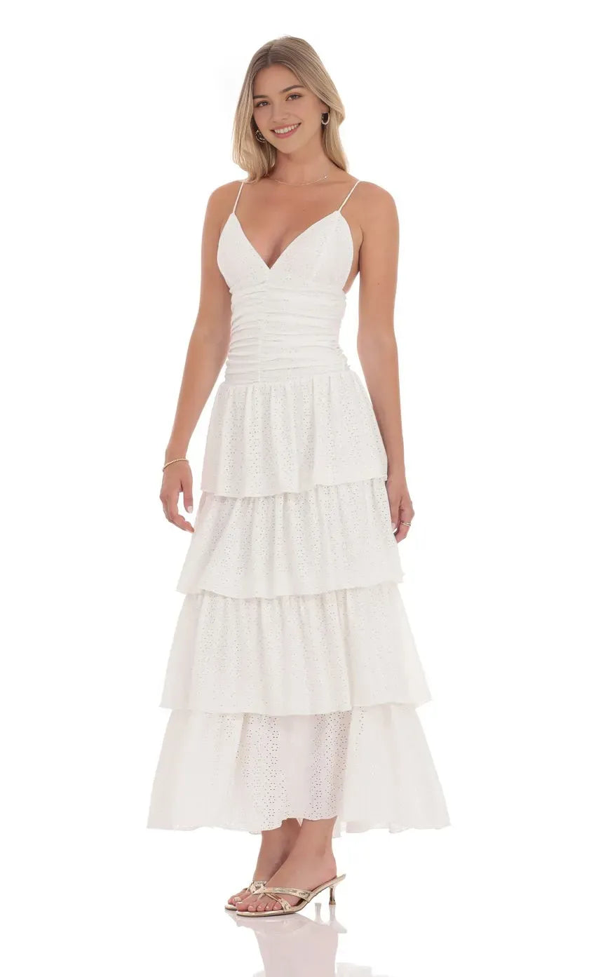 Elegant White Prom Dress with Spaghetti Straps Plunging V  Neck and Tiered Eyelet Skirt Perfect for Romantic Prom Nights