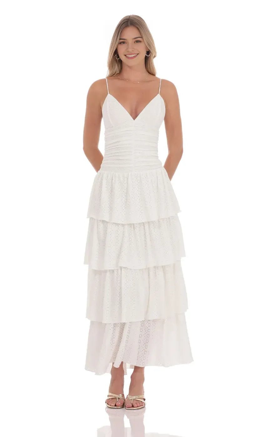 Elegant White Prom Dress with Spaghetti Straps Plunging V  Neck and Tiered Eyelet Skirt Perfect for Romantic Prom Nights