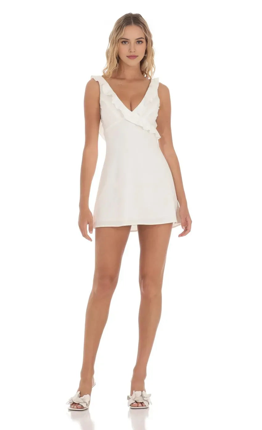 Elegant White Ruffled V - Neck Homecoming Dress Sleeveless Flowy Mini Skirt for a Fresh Feminine School Dance Look