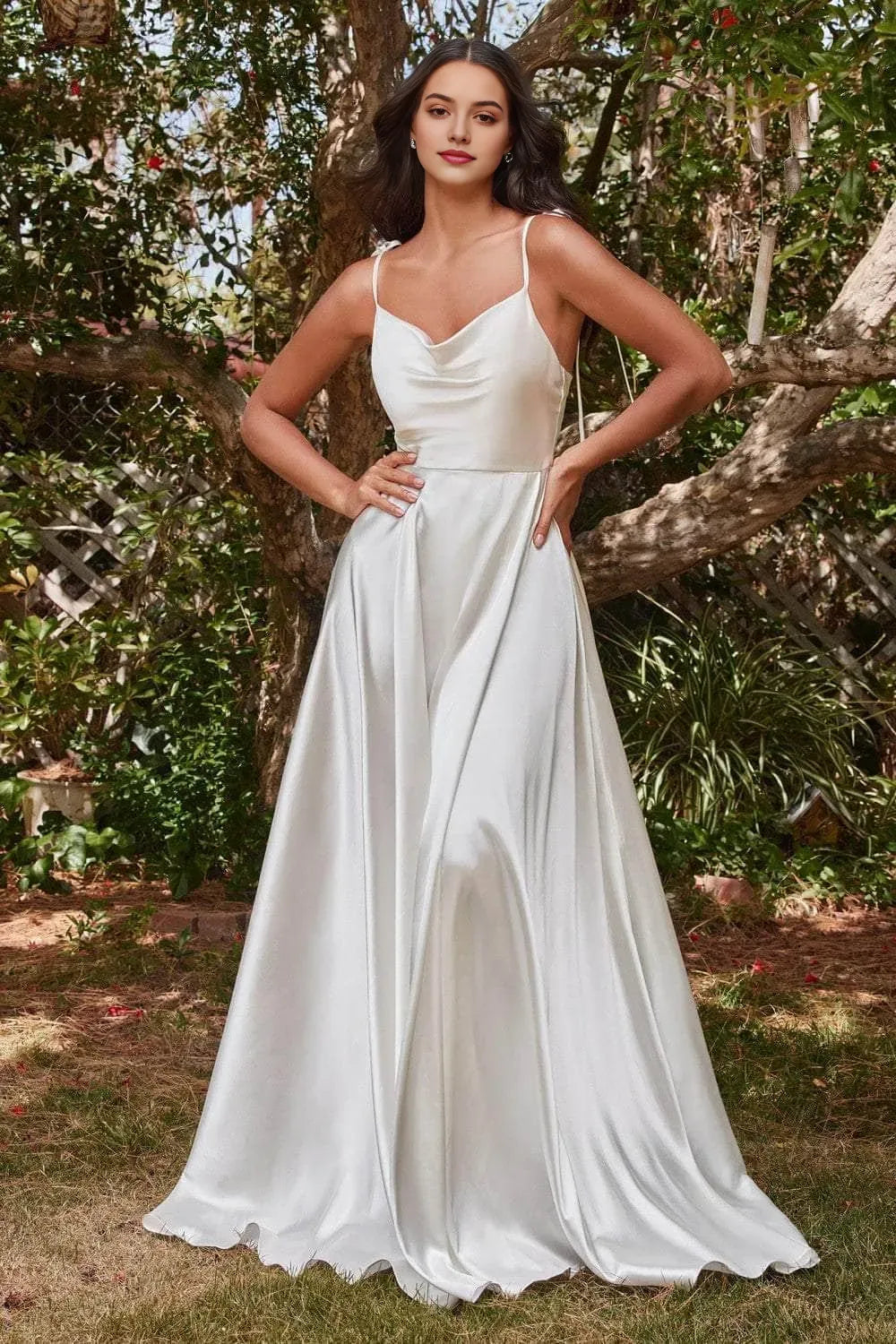Elegant White Satin Cowl Neck Prom Gown with Spaghetti Straps and Flowy Skirt for Formal Occasions